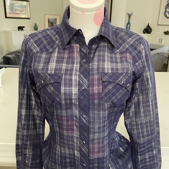 Ariat Fitted Snap Down Metallic Plaid Western Shirt Cowgirl Deep Purple XS NWOT - Picture 2 of 14